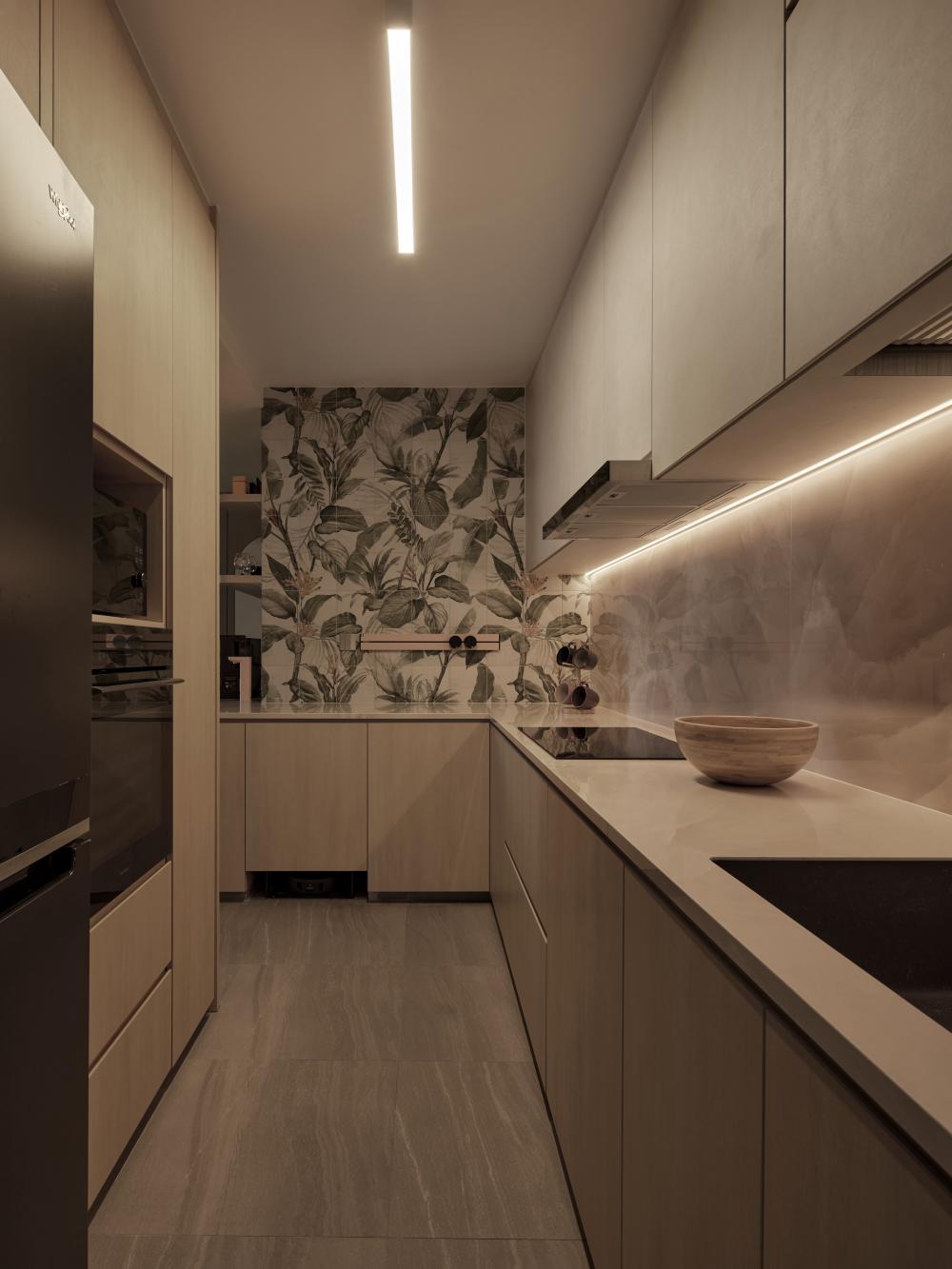 Scandinavian Kitchen with Countertop and Wood Flooring
