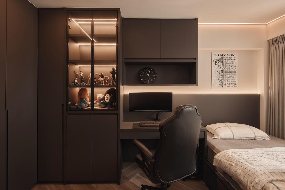 Modern Bedroom with Display Cabinets and Single Bed