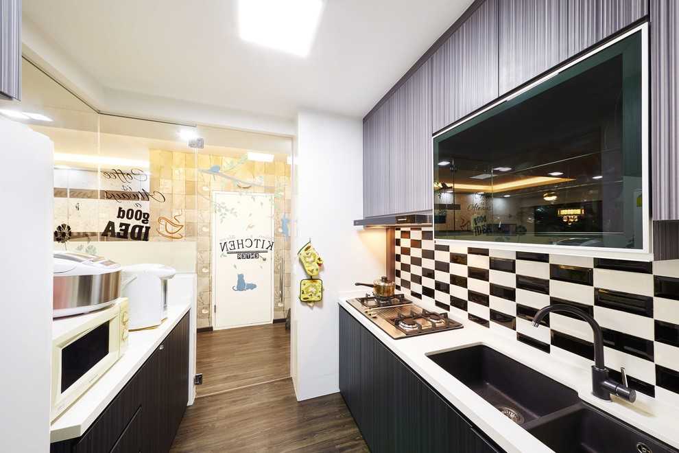 Contemporary Kitchen with Wood Flooring and Kitchen Window