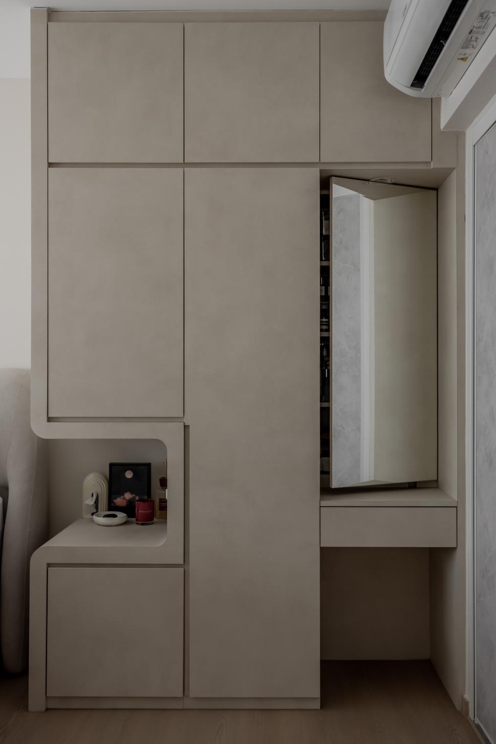 Minimalist Bedroom with Vinyl Flooring and Mirror