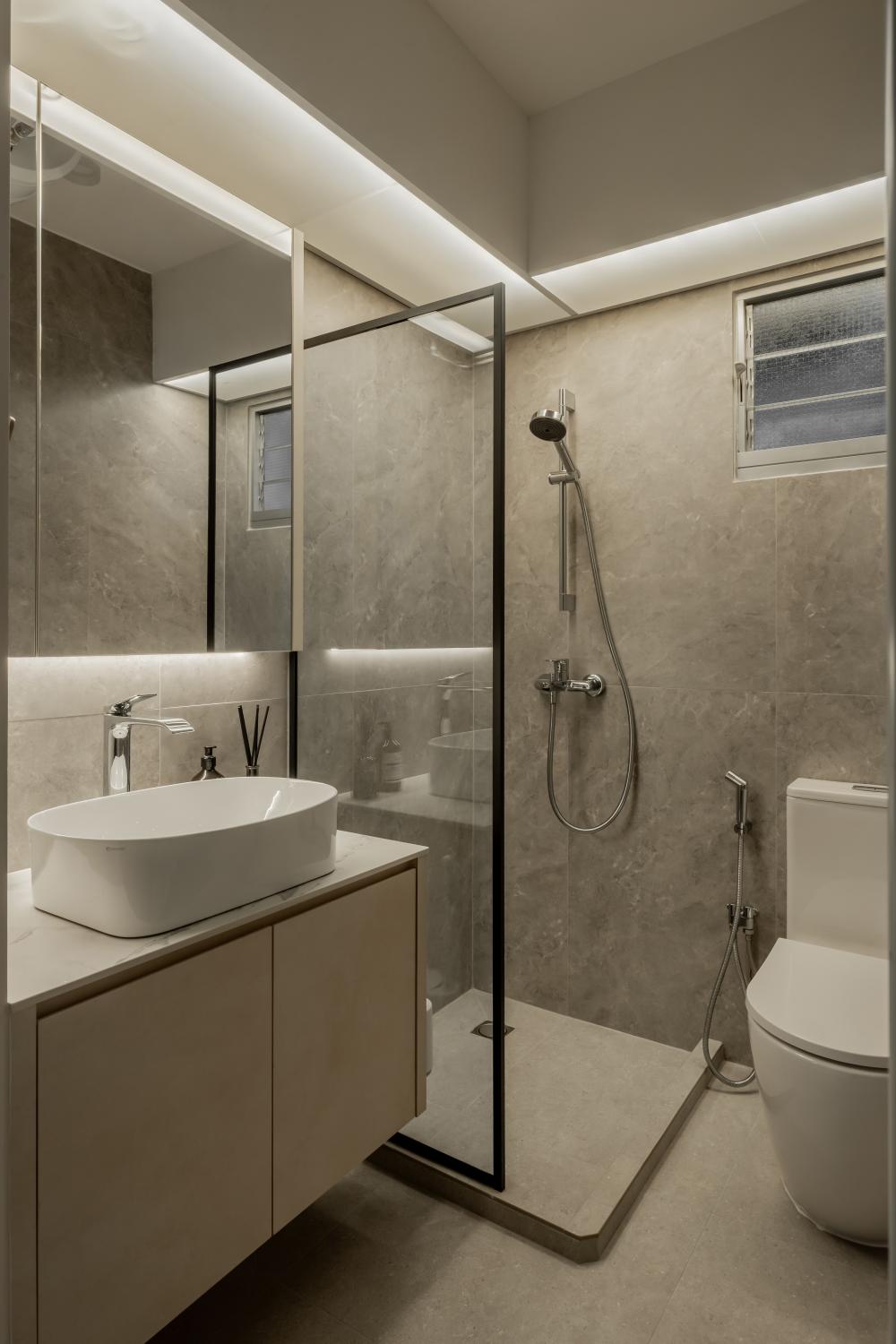 Minimalist Bathroom with Countertop and Mirror