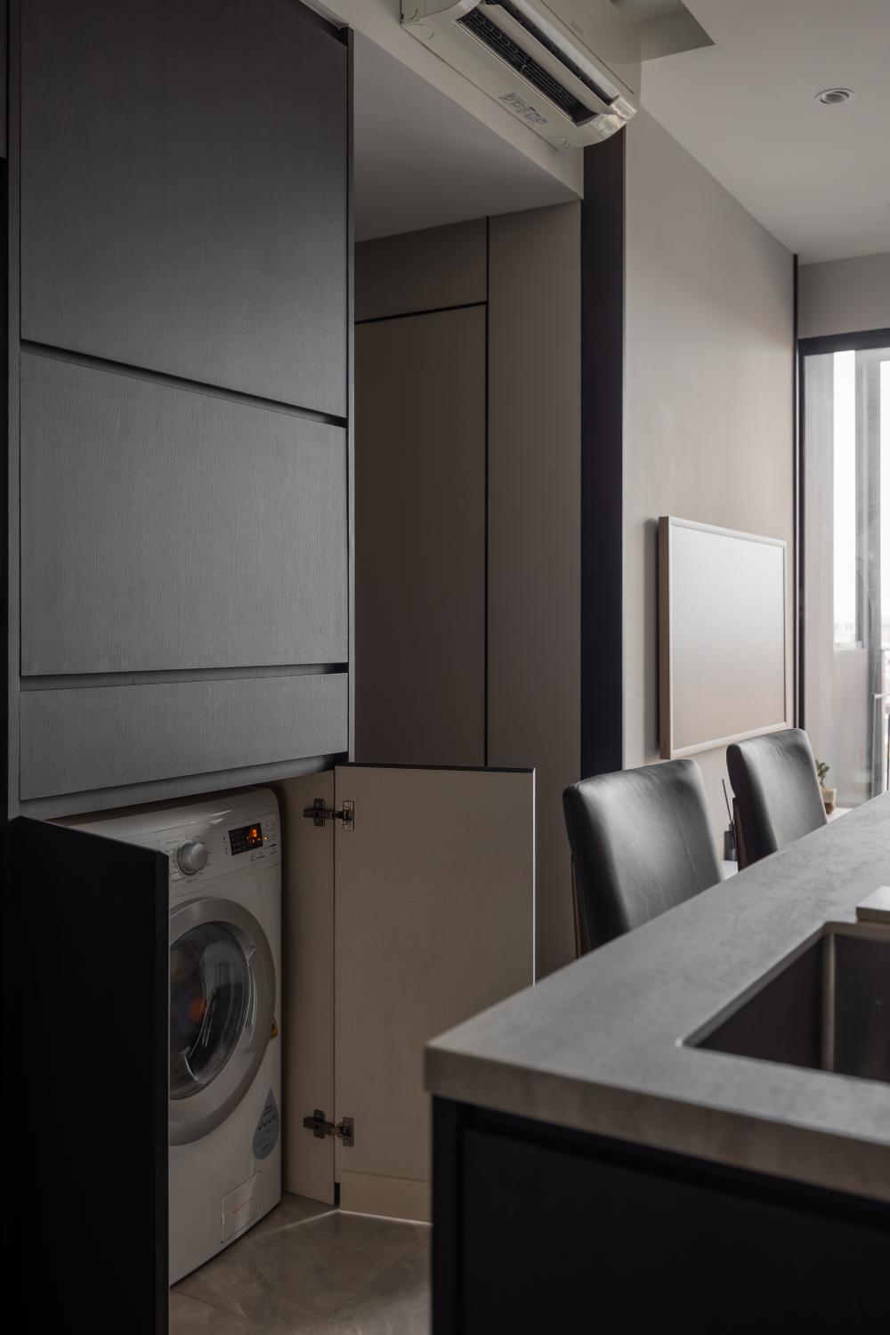 Contemporary Living Room with Washing Machine and Storage Cabinets