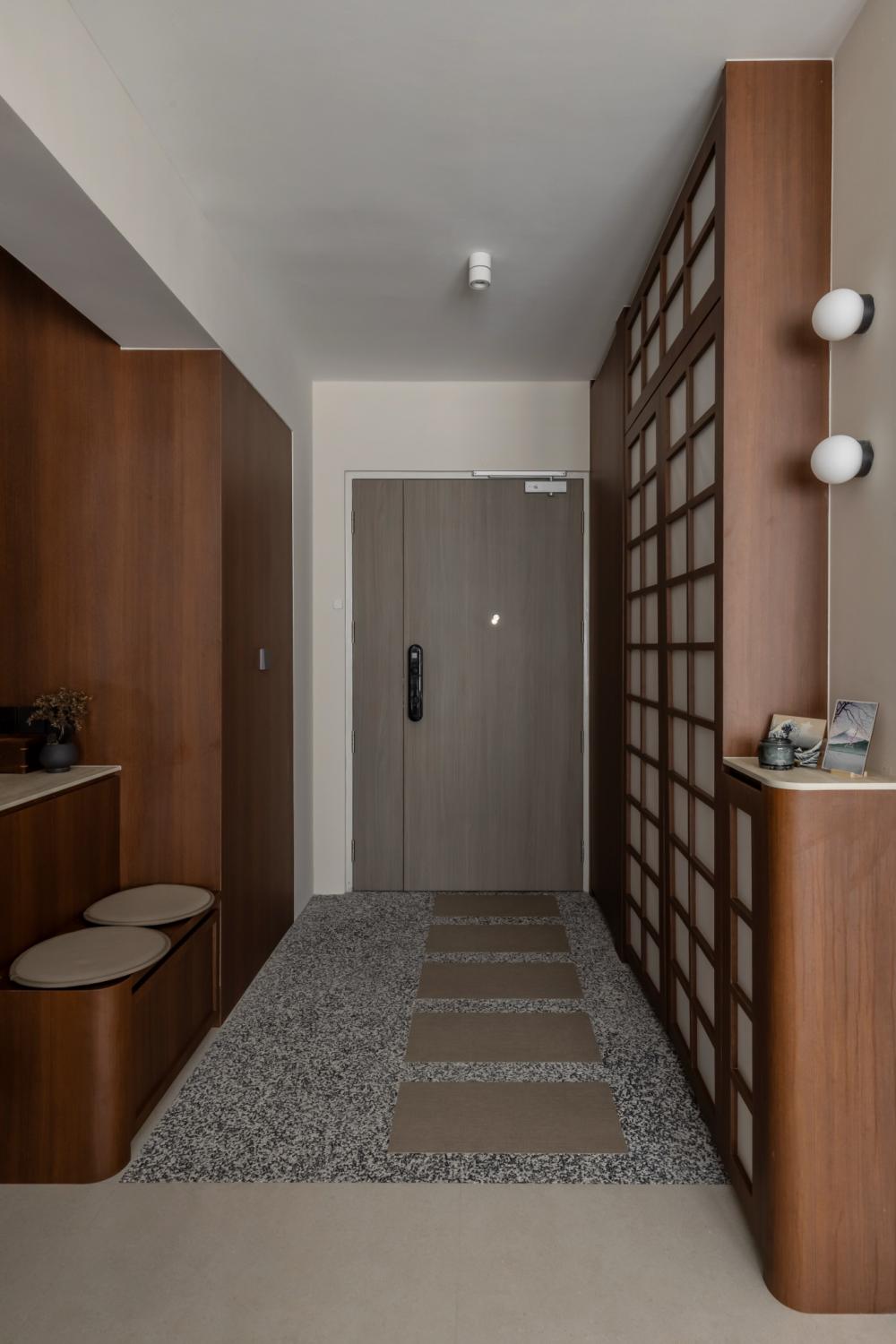 Contemporary Entryway with Seating Bench and Shoe Cabinets