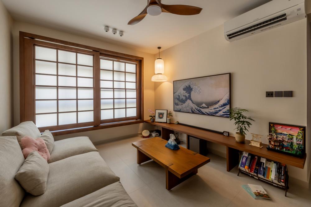 Contemporary Living Room with TV Console and Ceiling Fan