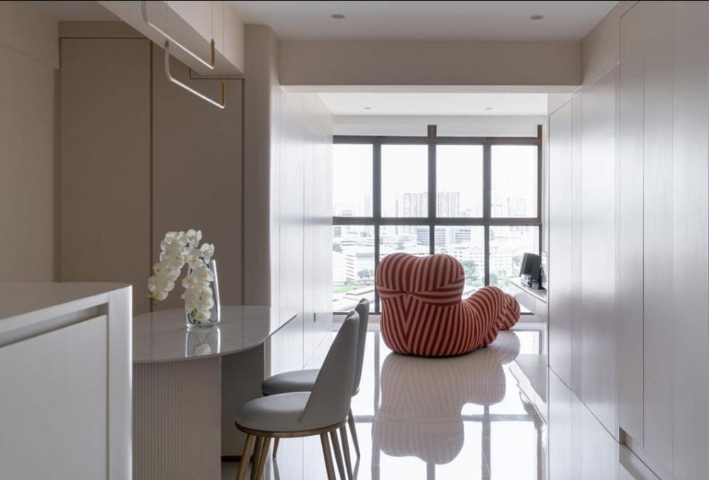 Contemporary Dining Room with Drop Light and Downlights
