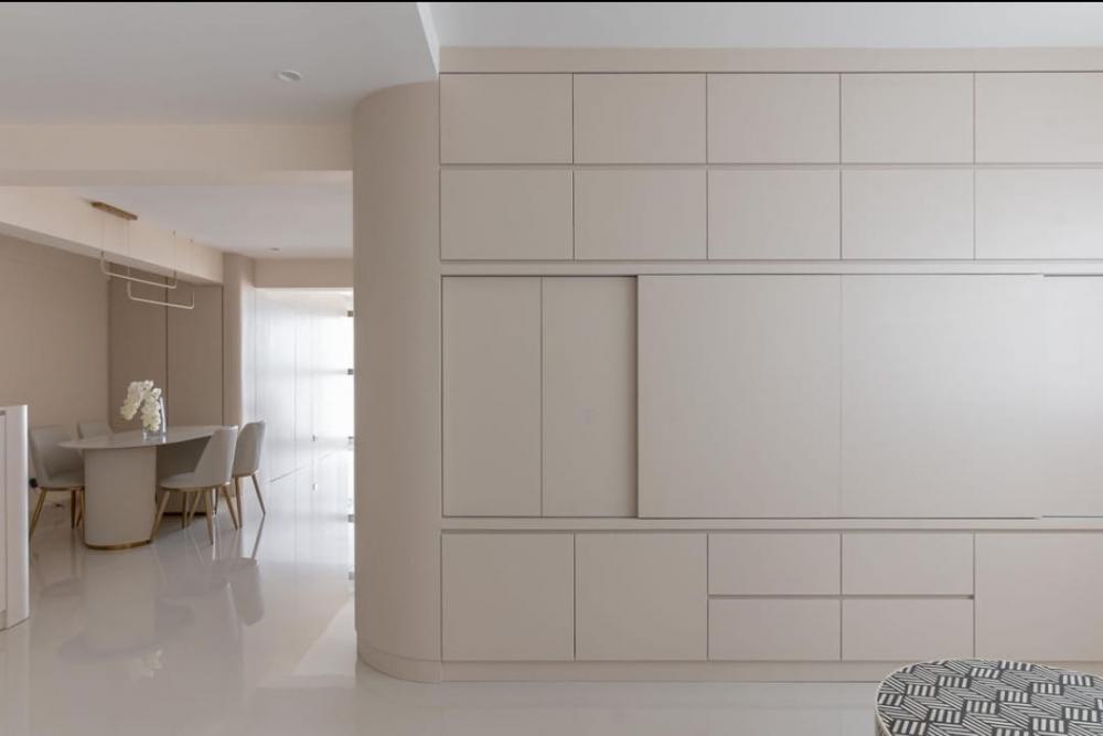 Contemporary Living Room with Homogeneous Tiles and TV Console
