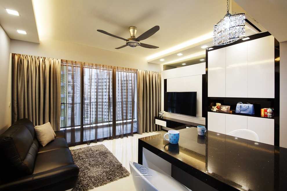 Contemporary Living Room with Herringbone Tiling and TV Console