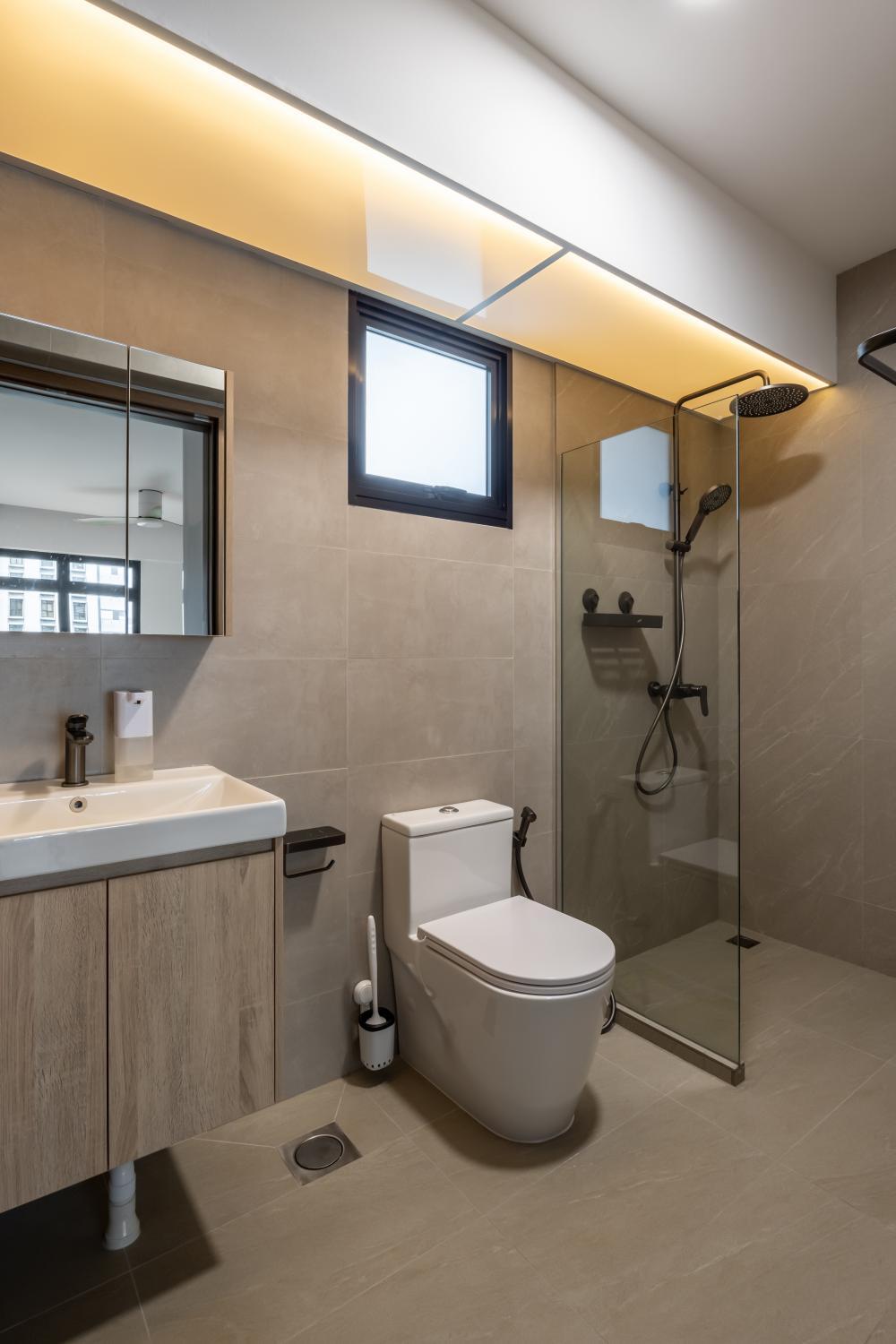 Scandinavian Bathroom with Homogeneous Tiles and Mirror
