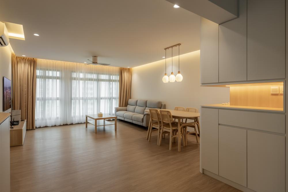 Scandinavian Living Room with Feature Wall and Drop Light