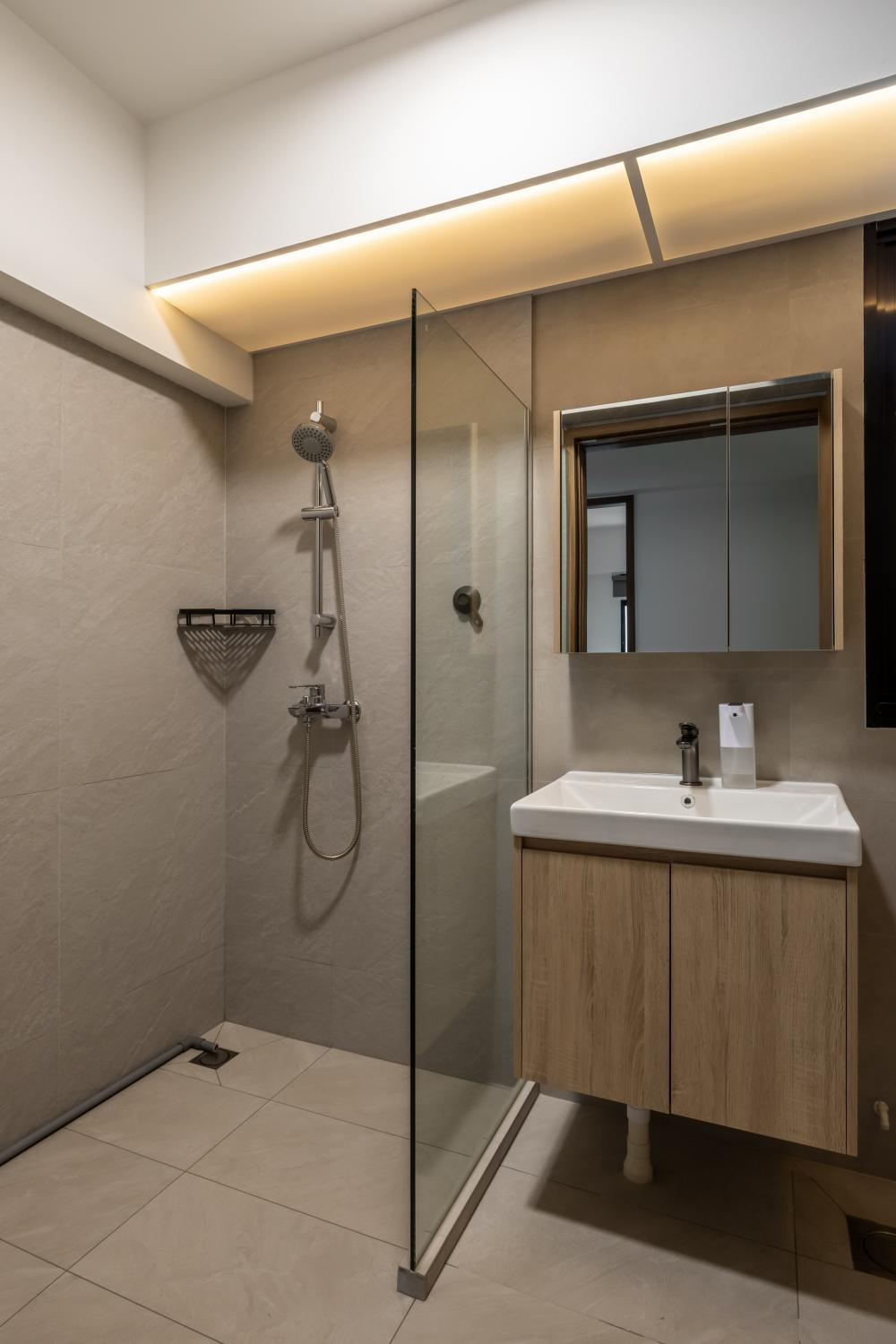 Scandinavian Bathroom with Homogeneous Tiles and Mirror