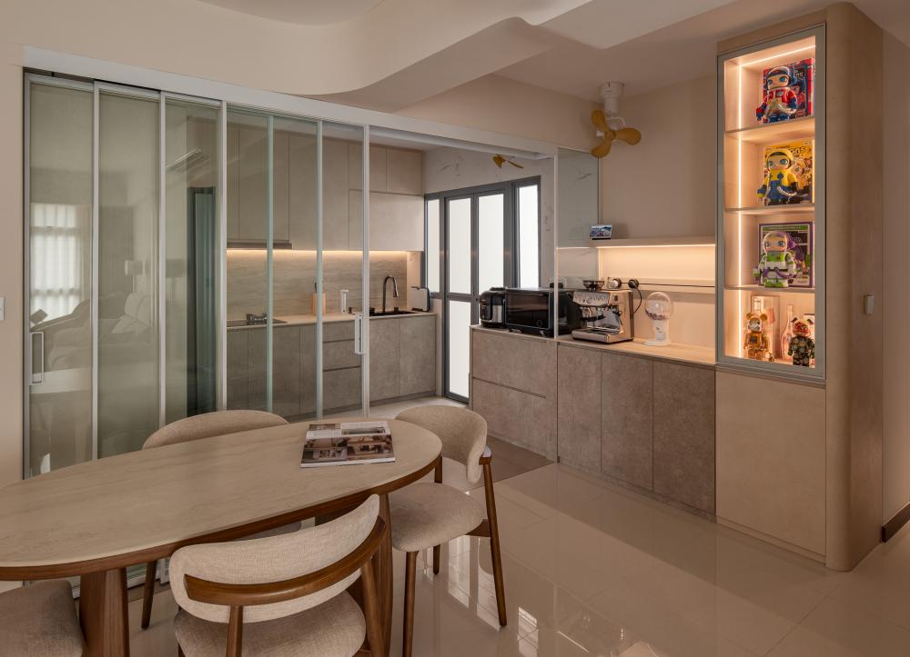 Minimalist Dining Room with Cove Lighting and Open Kitchen