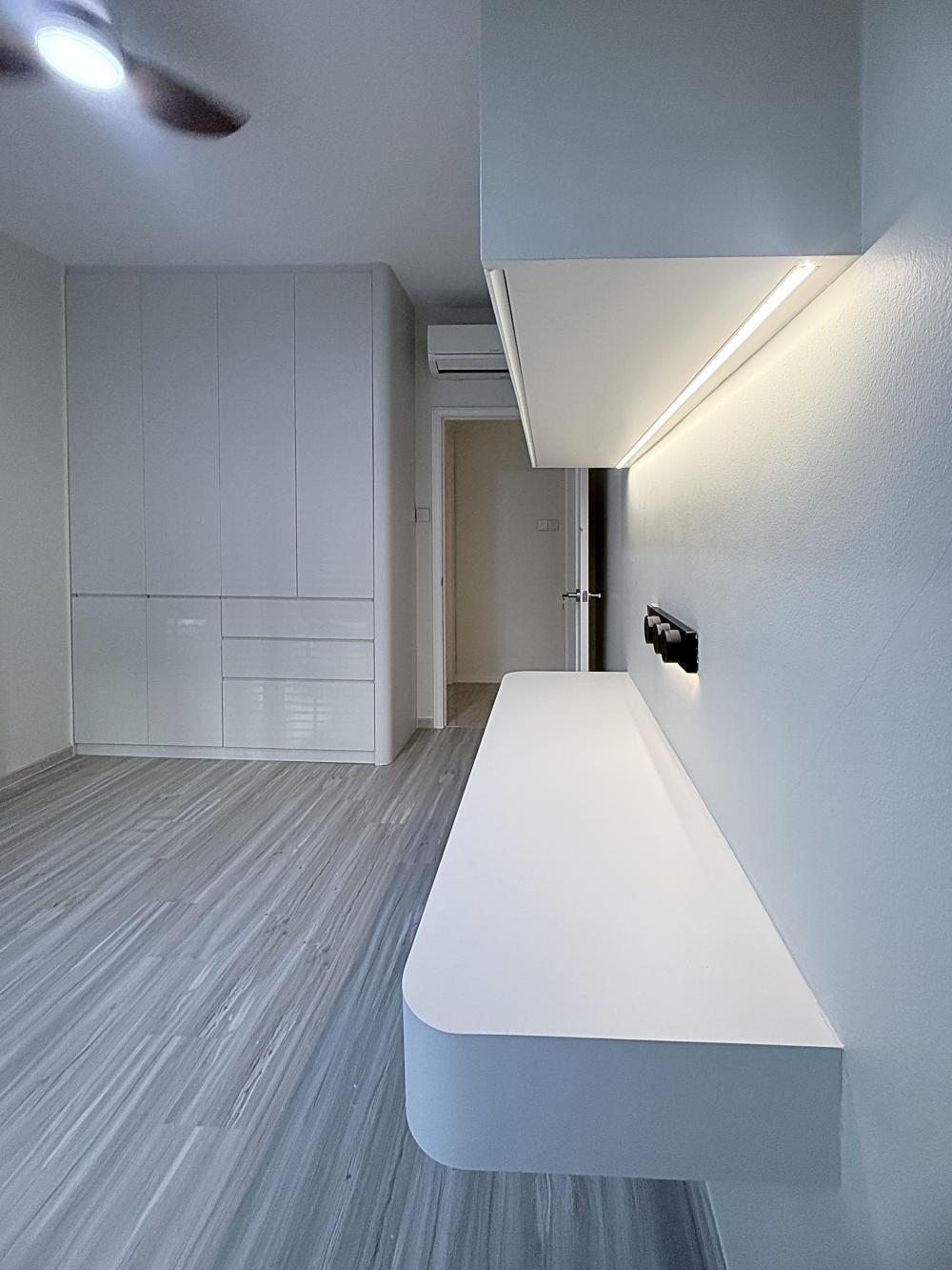 Modern Bedroom with Bookshelf and Vinyl Flooring