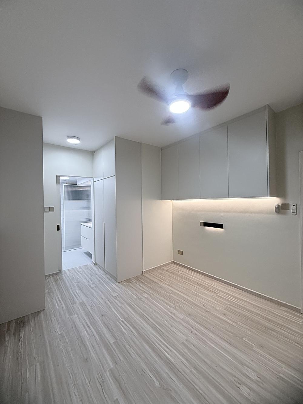 Modern Bedroom with Vinyl Flooring and Ceiling Light