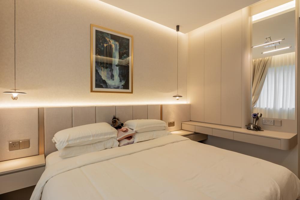 Contemporary Bedroom with Cove Lighting and Bedside Table