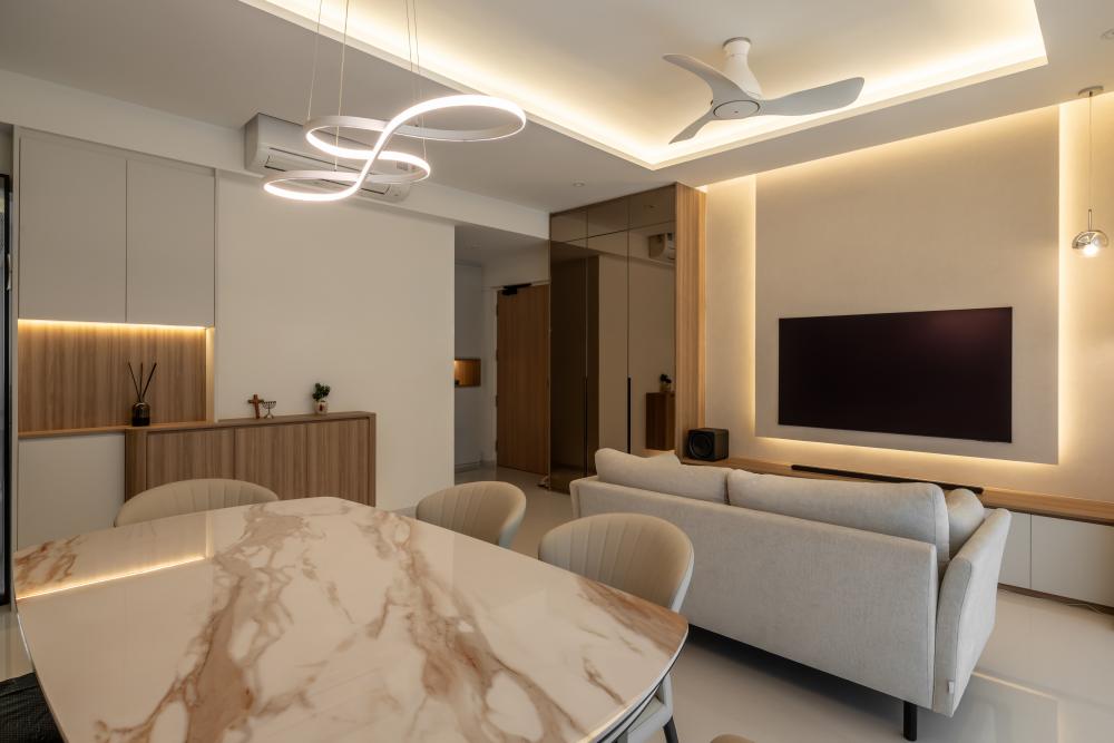 Contemporary Living Room with Feature Wall and Cove Lighting