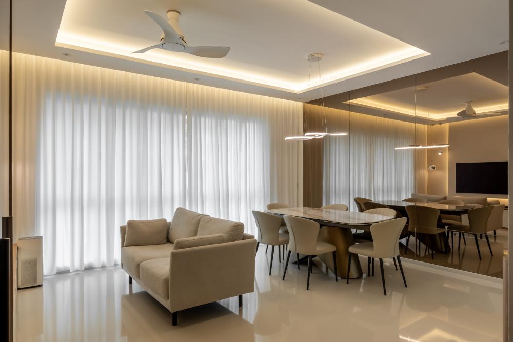 Contemporary Living Room with Mirror and Cove Lighting