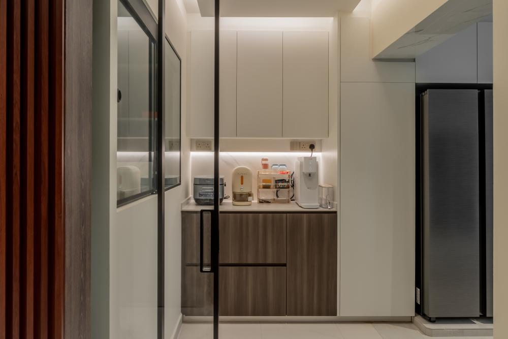 Contemporary Pantry with Kitchen Island and Console Table