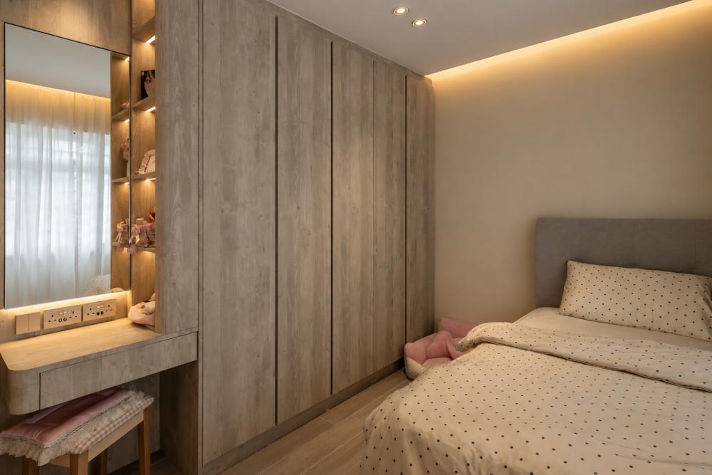 Contemporary Bedroom with Homogeneous Tiles and Wood Flooring