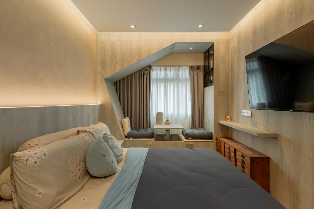 Contemporary Bedroom with Homogeneous Tiles and Wood Flooring