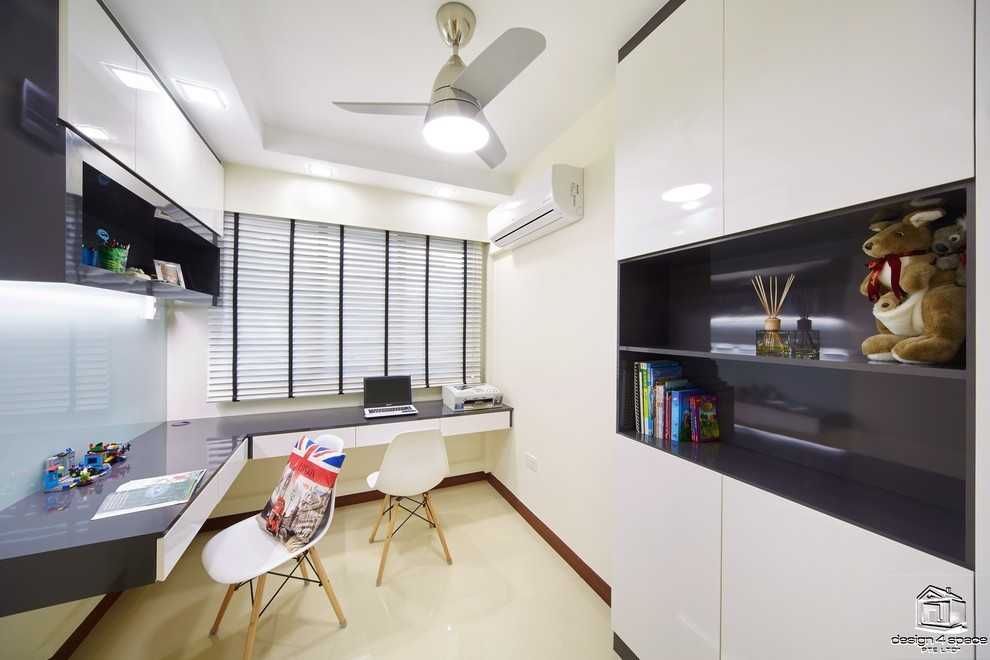 Contemporary Study with Homogeneous Tiles and Wood Flooring