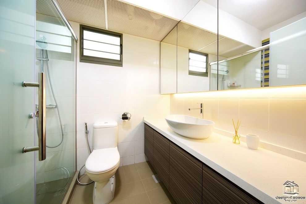 Contemporary Bathroom with Wood Flooring and Mirror