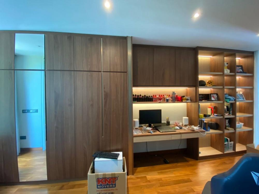 Contemporary Bedroom with Bookshelf and Parquet Floor
