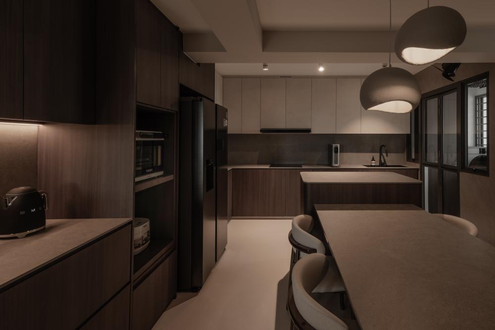 Contemporary Dining Room with Drop Light and Cove Lighting