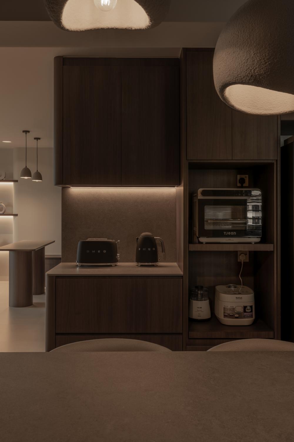 Contemporary Pantry with Kitchen Island and Console Table