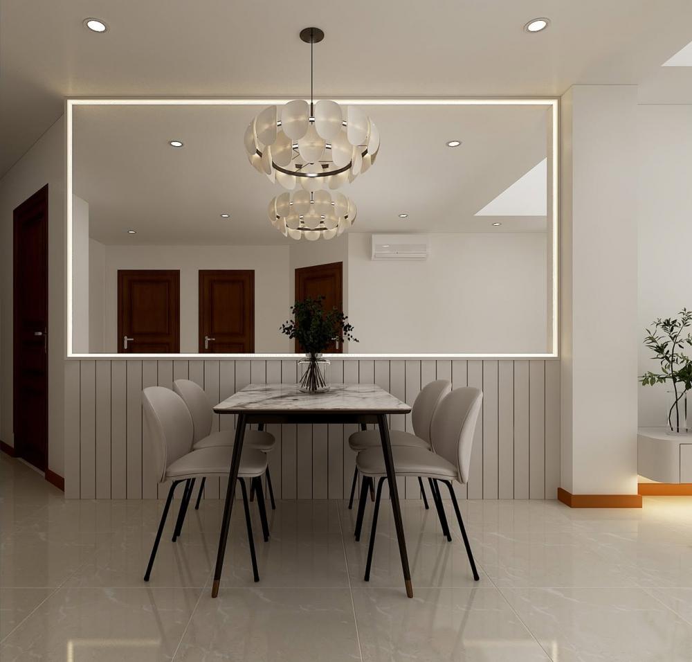 Modern Dining Room with Drop Ceiling and Chandelier