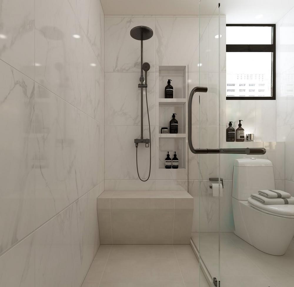 Modern Bathroom with Homogeneous Tiles and Marble Floor