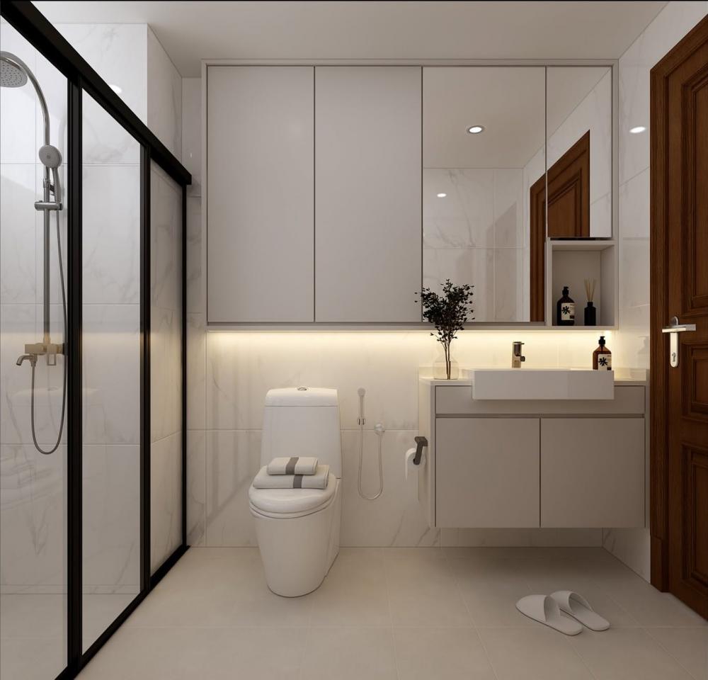 Modern Bathroom with Countertop and Homogeneous Tiles