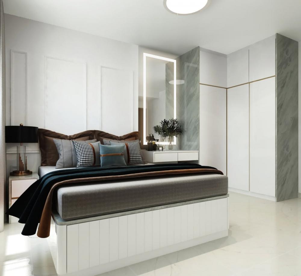 Contemporary Bedroom with Platform Bed and Homogeneous Tiles