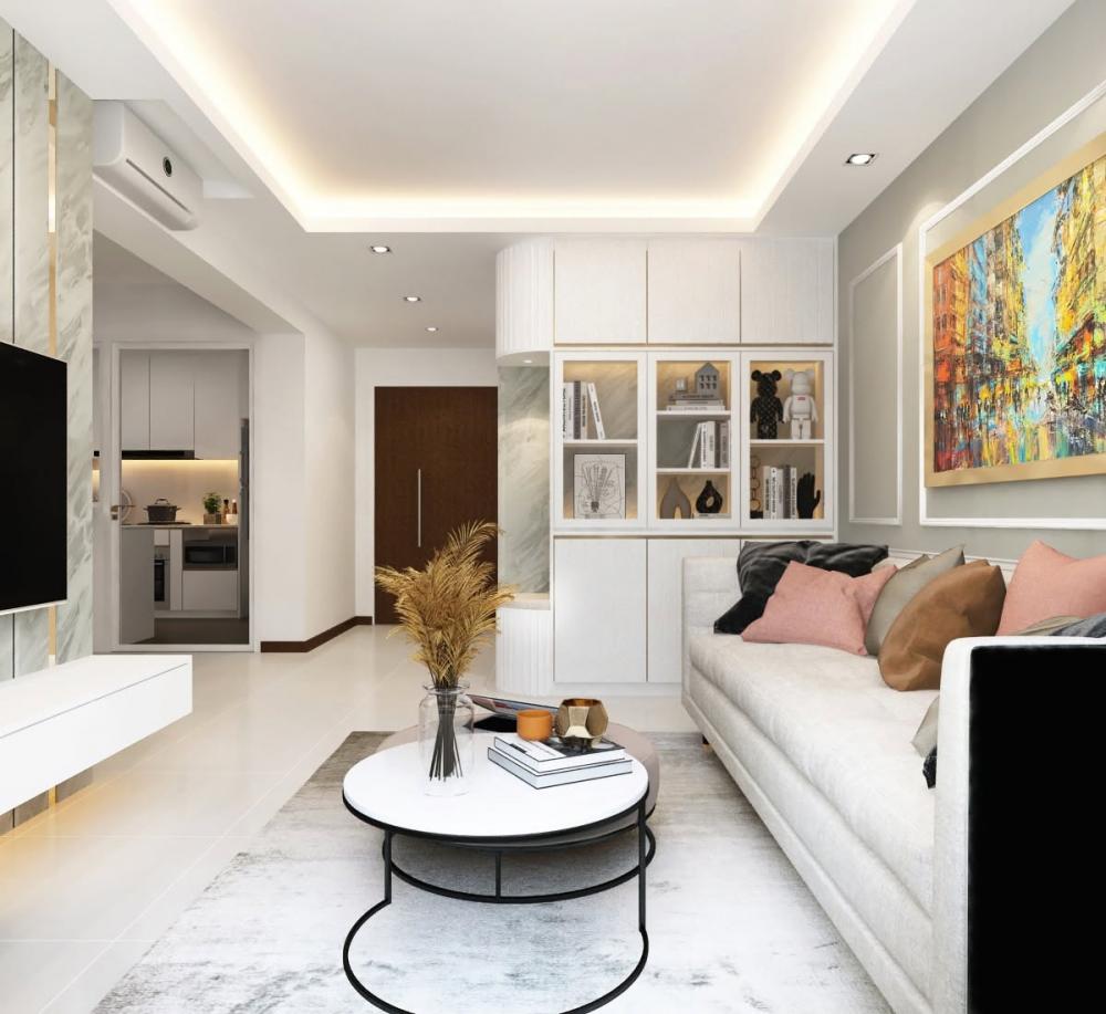 Contemporary Living Room with Homogeneous Tiles and Marble Floor