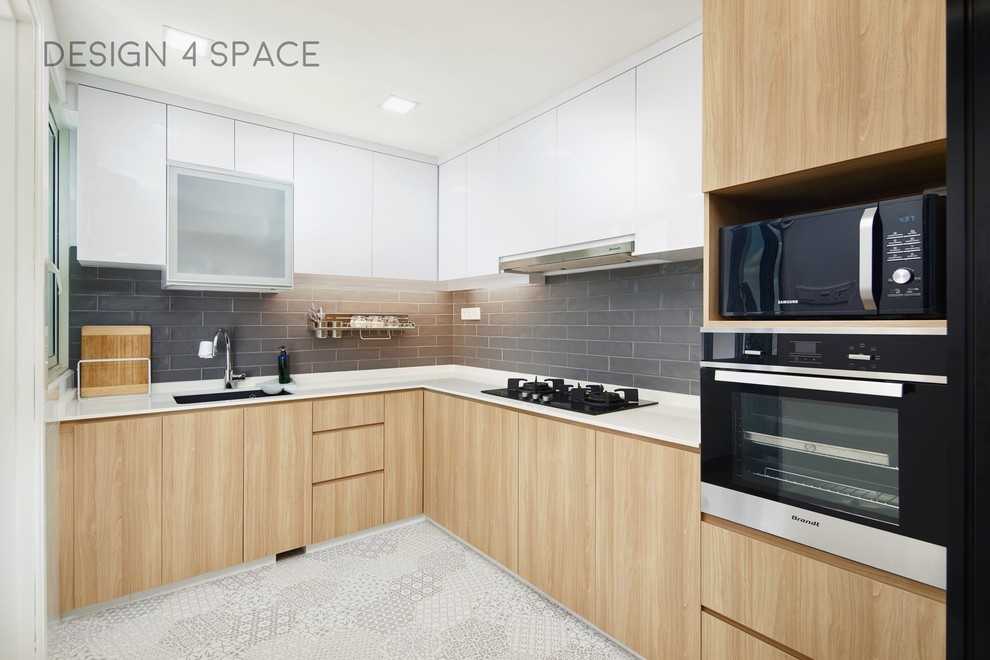 Minimalist Kitchen with Wood Flooring and Kitchen Island