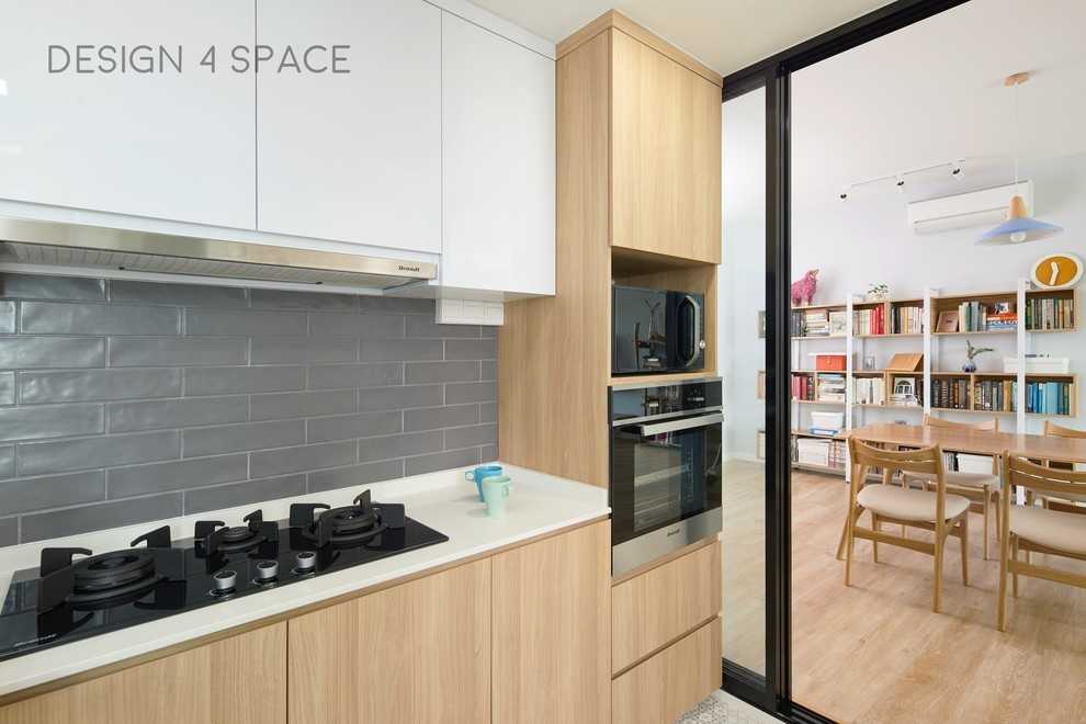 Minimalist Kitchen with Wood Flooring and Kitchen Window