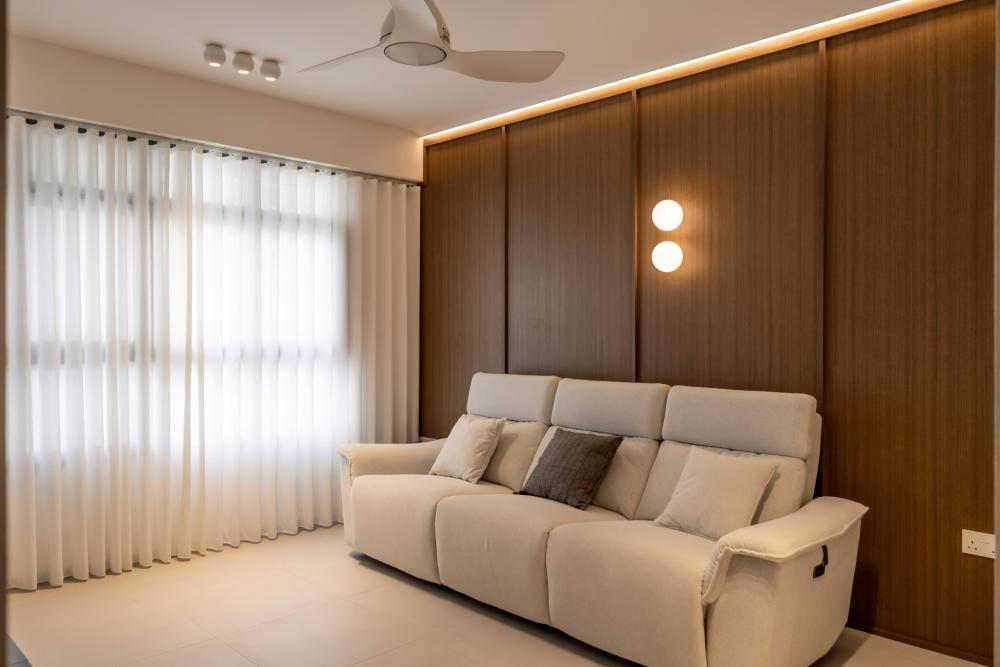 Scandinavian Living Room with Feature Wall and Ceiling Light