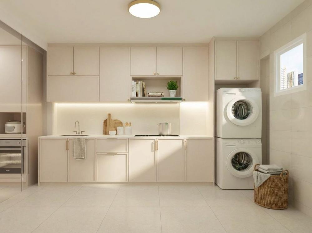 Modern Kitchen with Countertop and Homogeneous Tiles