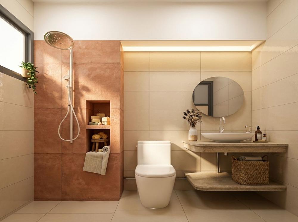 Modern Bathroom with Countertop and Homogeneous Tiles