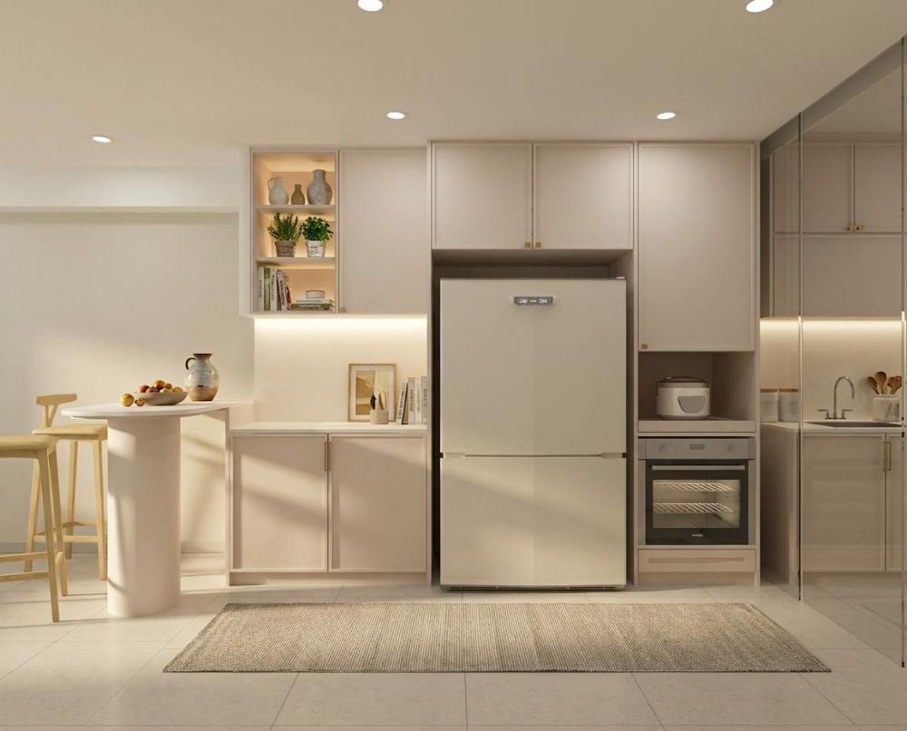 Modern Kitchen with Homogeneous Tiles and Marble Floor