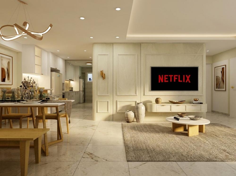 Modern Living Room with Homogeneous Tiles and Marble Floor