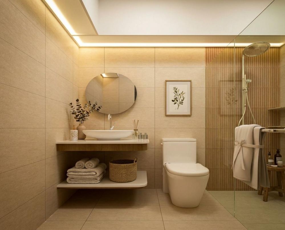 Modern Bathroom with Homogeneous Tiles and Mirror