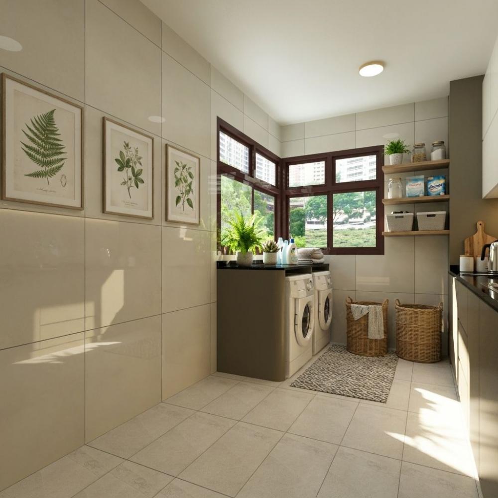 Contemporary Kitchen with Homogeneous Tiles and Kitchen Window
