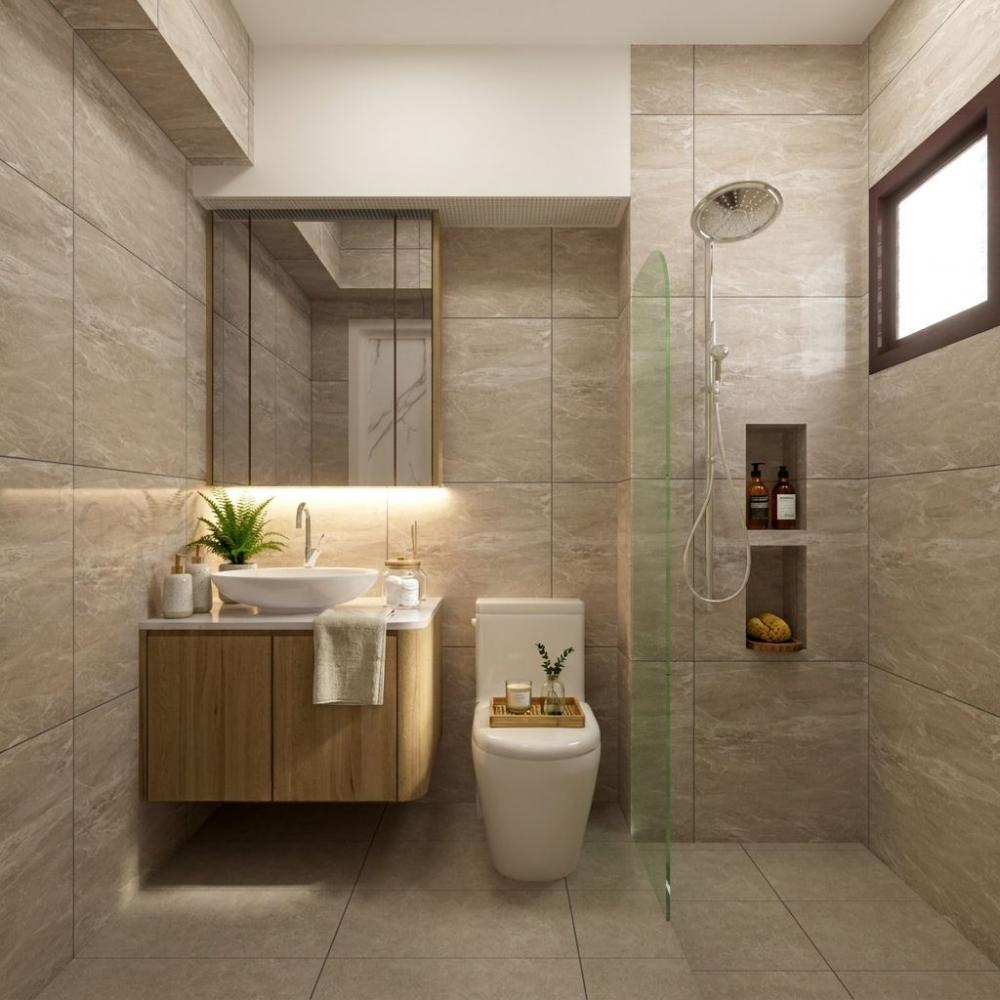 Contemporary Bathroom with Homogeneous Tiles and Mirror