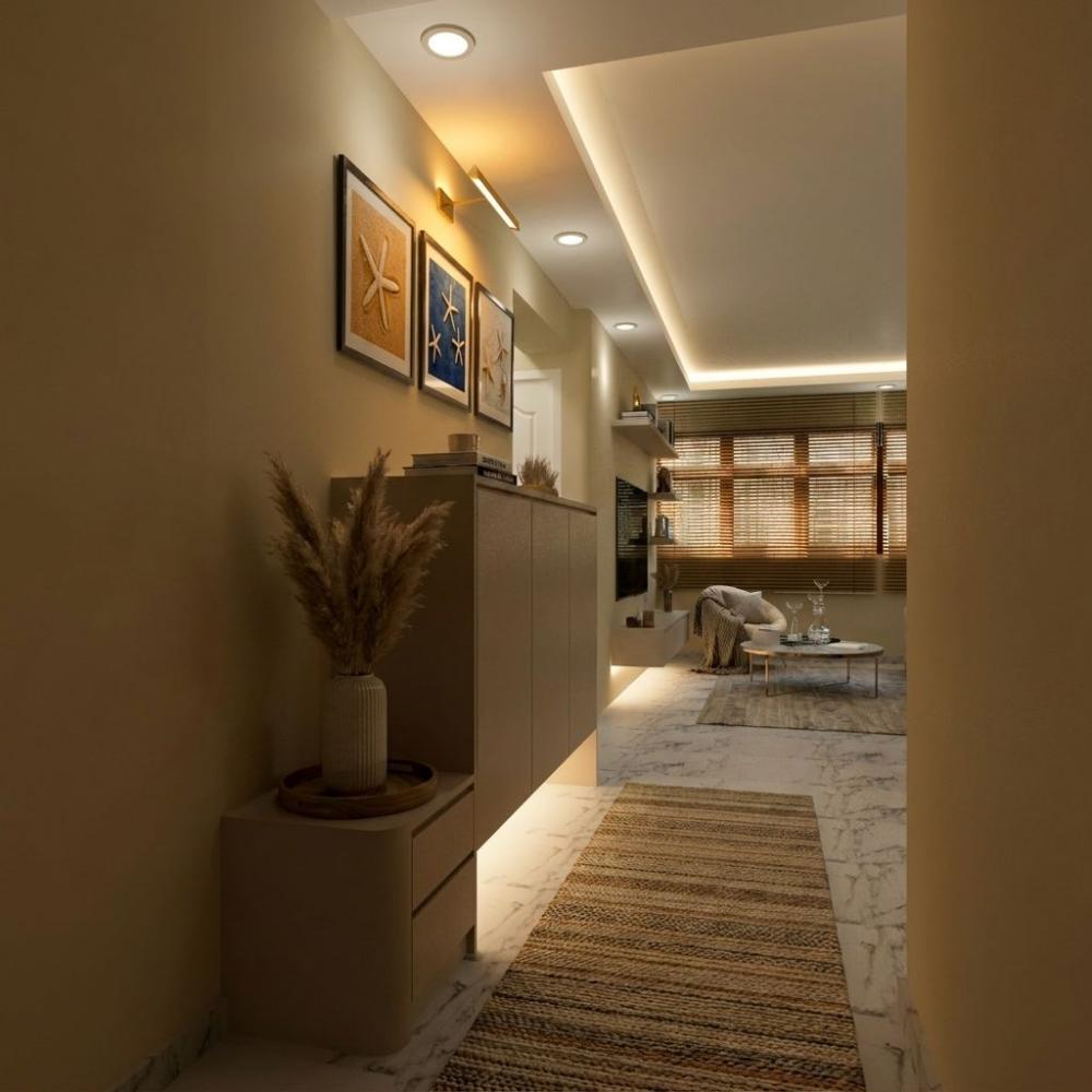 Contemporary Foyer with Cove Lighting and Planters