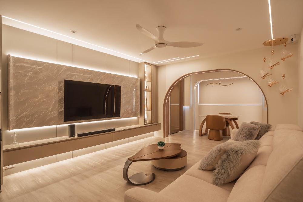 Contemporary Living Room with Bookshelf and Feature Wall