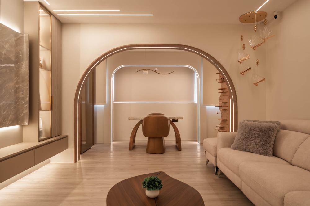 Contemporary Living Room with Bookshelf and Feature Wall