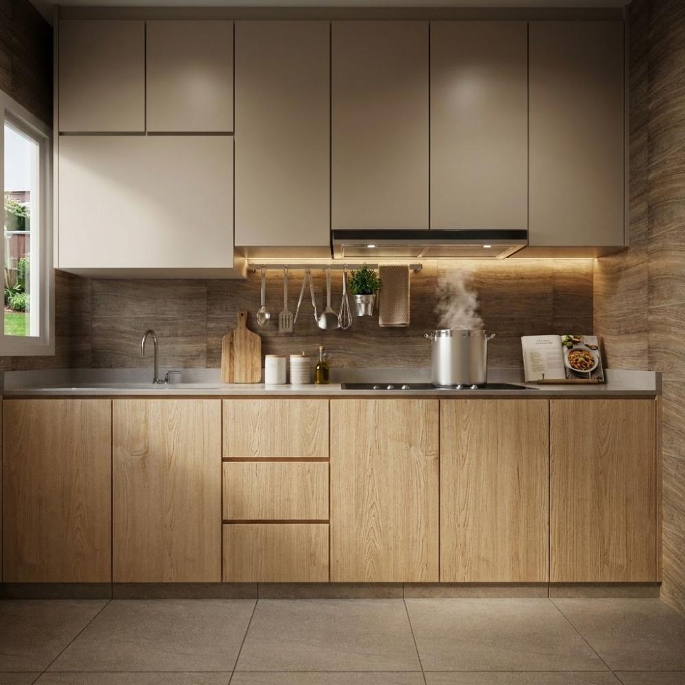 Contemporary Kitchen with Countertop and Homogeneous Tiles
