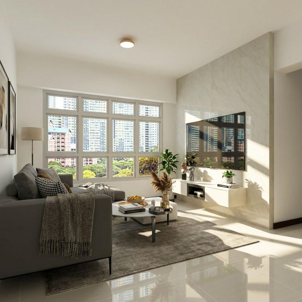 Contemporary Living Room with Homogeneous Tiles and TV Console