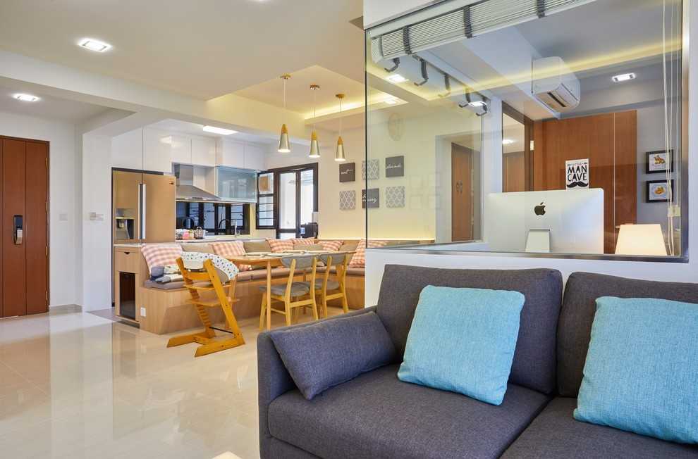 Asian Dining Room with Drop Ceiling and Ceiling Light