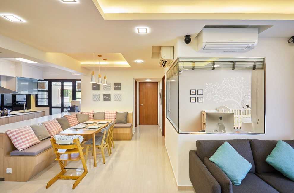 Asian Dining Room with Drop Light and Cove Lighting